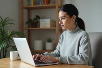 Femme consultant son historique d'activité Google sur un ordinateur portable dans un bureau à domicile