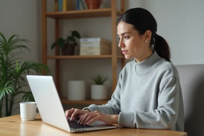 Femme consultant son historique d'activité Google sur un ordinateur portable dans un bureau à domicile