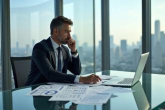 Homme d'affaires en bureau moderne contemplant des documents financiers