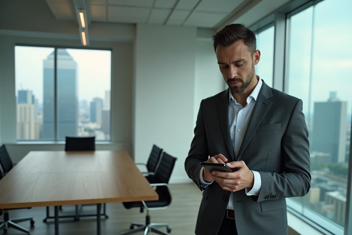 Homme d'affaires consultant son Google Pixel 8 Pro dans une salle de réunion d'entreprise