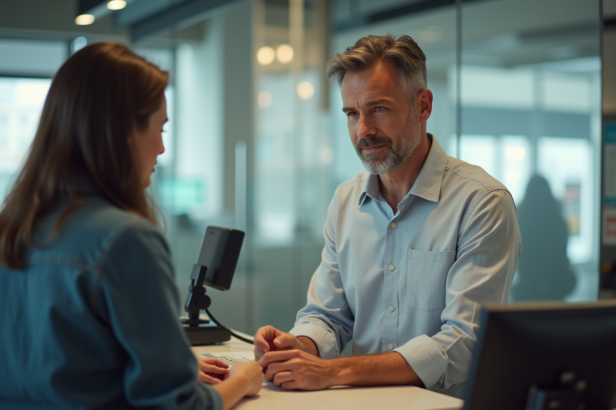 Homme remettant sa carte bancaire au guichet de banque