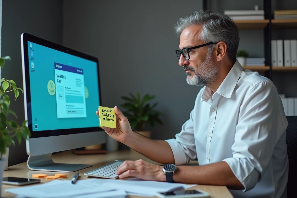 Homme consultant une ancienne adresse email Alice ADSL notée sur un post-it face à son ordinateur de bureau dans un bureau à domicile