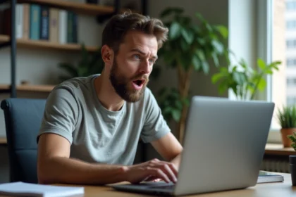 Homme en bureau moderne surpris devant son ordinateur