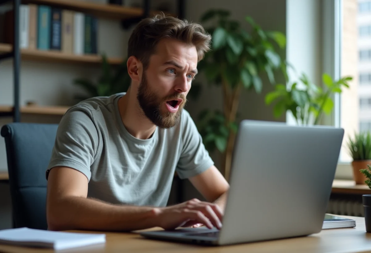 Homme en bureau moderne surpris devant son ordinateur