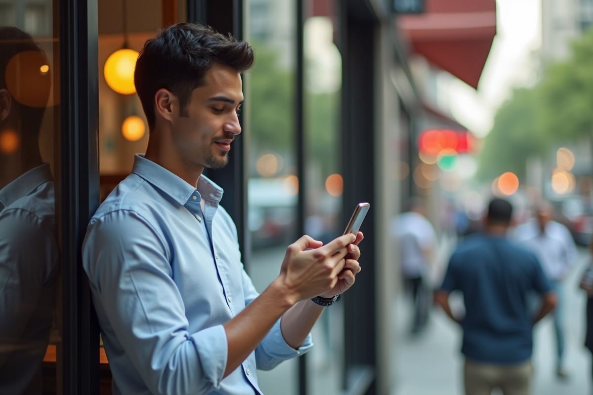 Jeune homme choisissant une photo de profil devant un café urbain