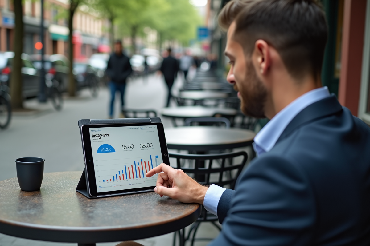 Homme travaillant en extérieur avec tablette et statistiques Instagram