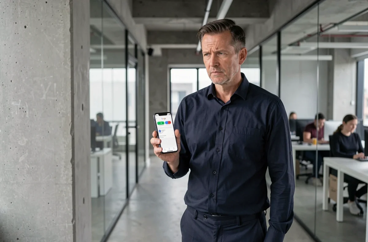Homme d'affaires vérifiant les paramètres de confidentialité de son compte Google sur smartphone dans un bureau moderne
