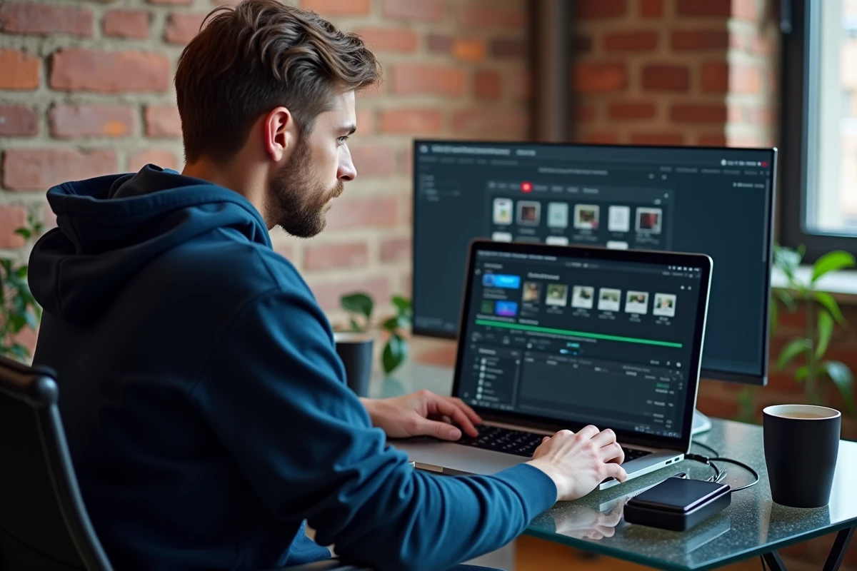 Homme convertissant un fichier vidéo au format MP4 sur MacBook Pro dans un appartement urbain moderne
