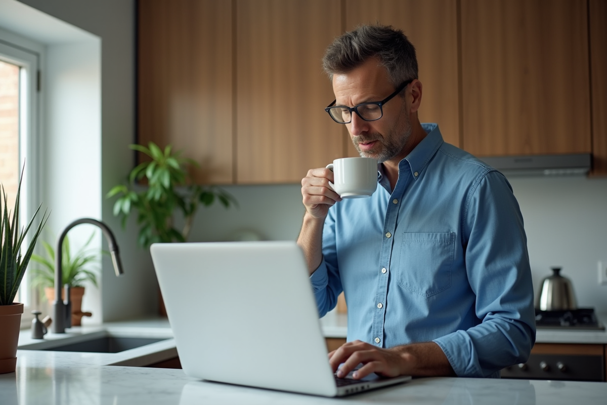 Homme dans une cuisine moderne regardant son ordinateur portable