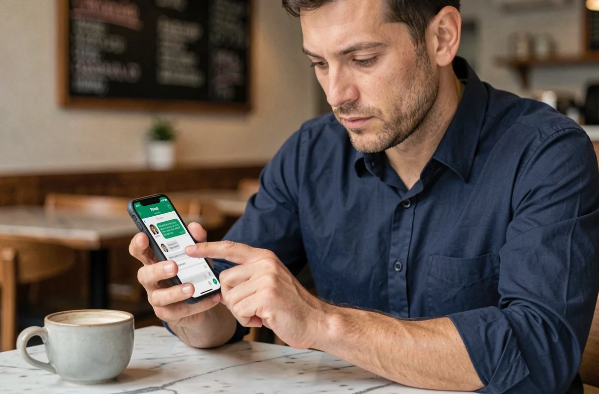 Homme consultant les options de formatage italique sur WhatsApp dans un café urbain