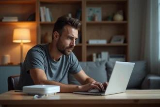 Homme assis devant un ordinateur portable avec une Freebox sur le bureau, tentant d'optimiser sa connexion internet lente via l'interface mafreebox