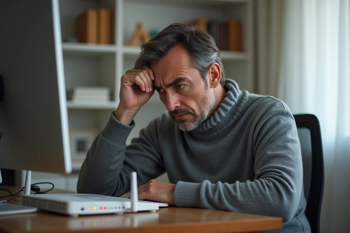 Homme frustré devant un test de débit internet lent sur son ordinateur portable avec une box fibre SFR