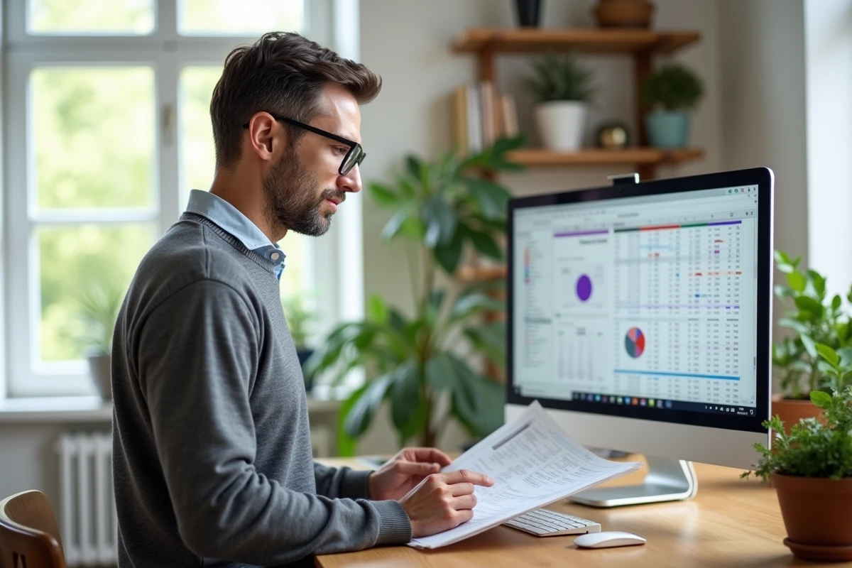 Homme en home office analysant un rapport excel imprimé