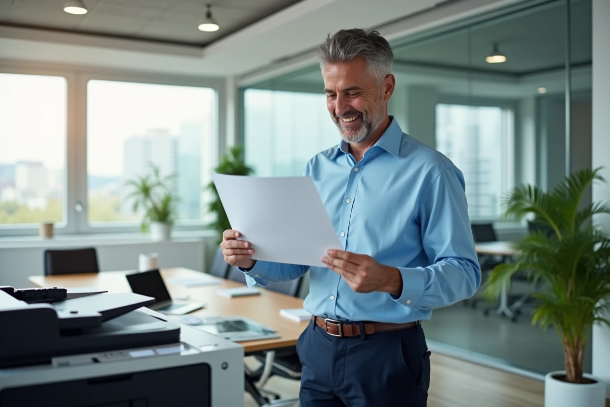 Homme d affaires vérifiant des pages imprimées au bureau