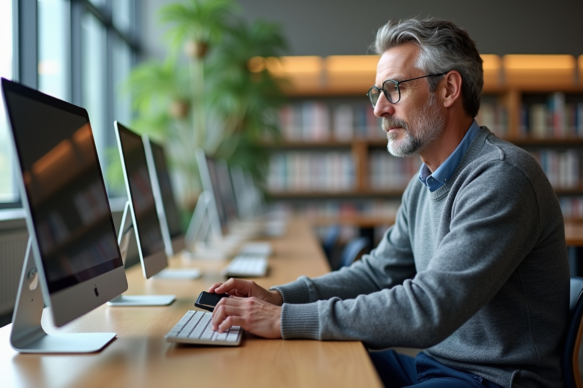 Homme insérant une clé USB de sécurité dans un ordinateur public