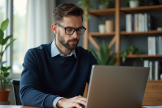 Homme concentré travaillant sur son ordinateur dans un bureau lumineux
