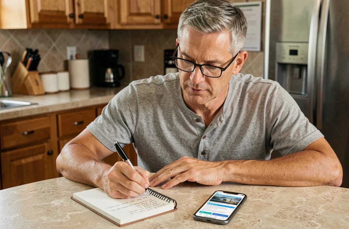 Homme prenant des notes sur un carnet pour retrouver l'adresse d'un site web via une page mise en cache