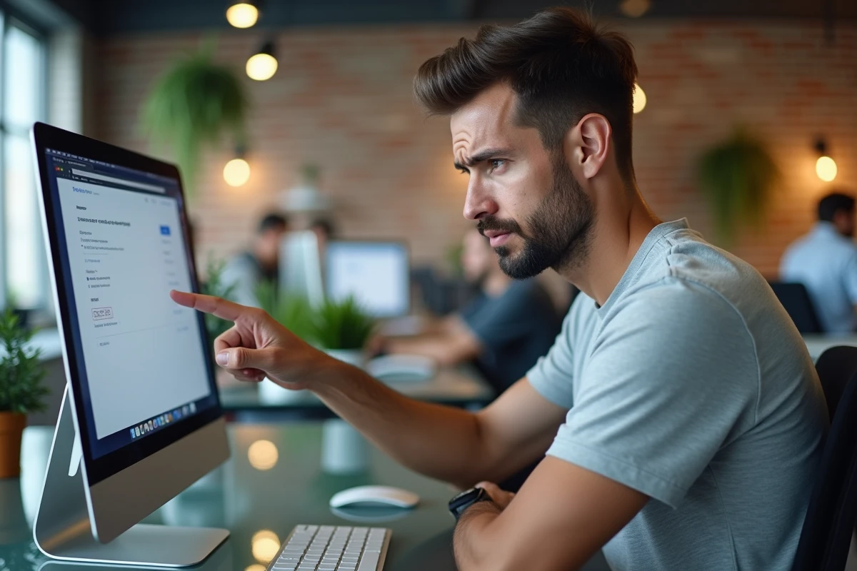 Homme en bureau moderne pointant un écran d'ordinateur affichant les paramètres de suppression de compte Microsoft
