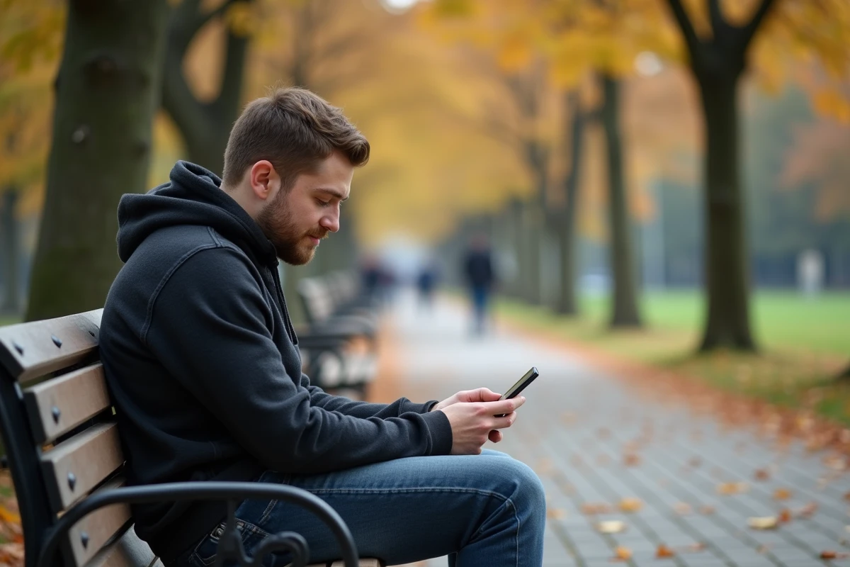 Jeune homme dans un parc regardant son smartphone