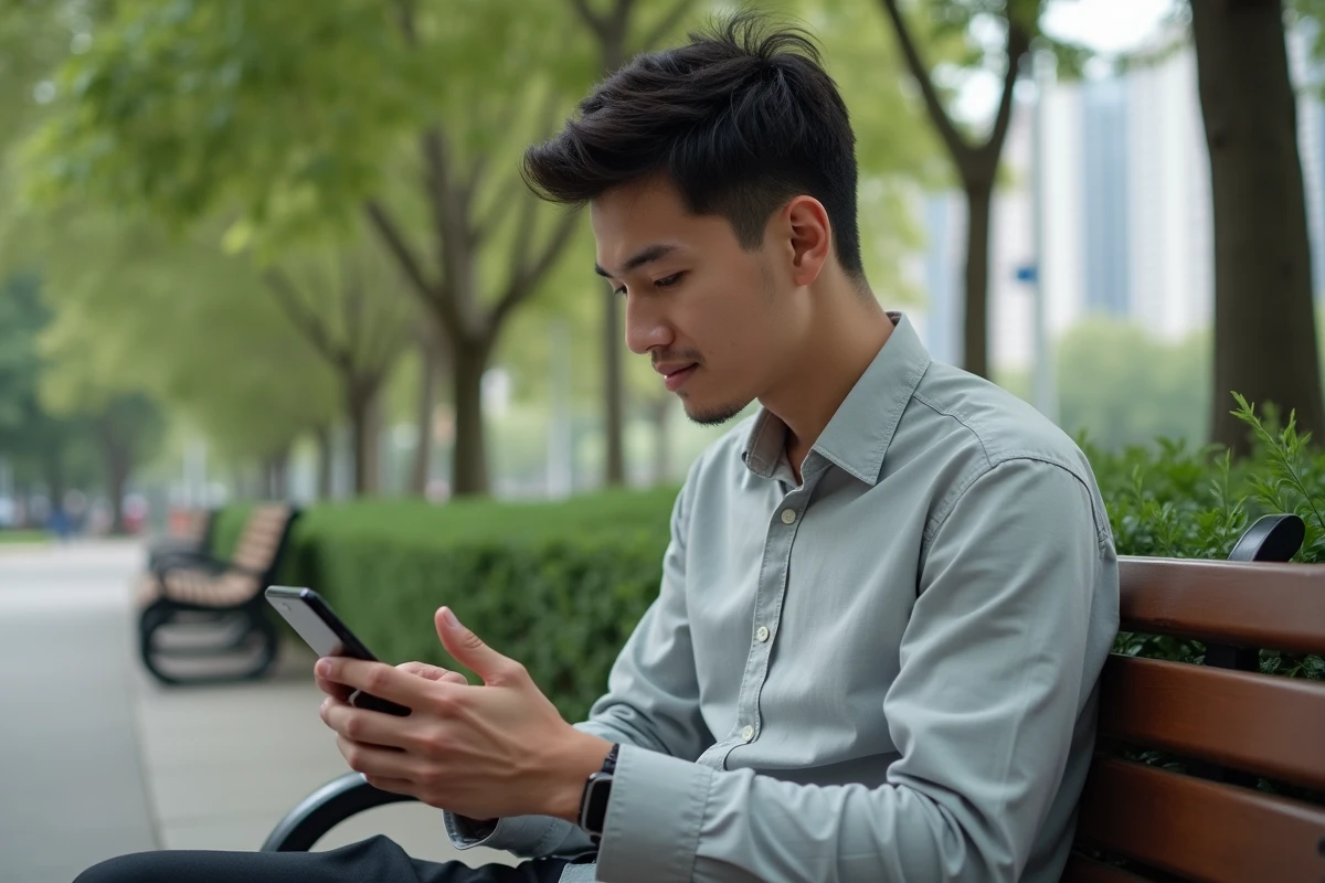 Jeune homme dans un parc utilisant son téléphone Android