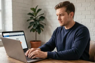 Homme cherchant un site web avec une erreur 404 sur son ordinateur portable dans un bureau à domicile