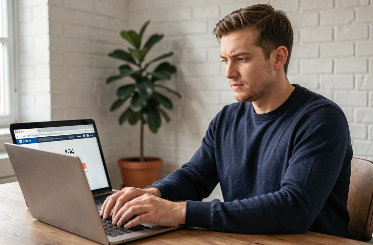 Homme cherchant un site web avec une erreur 404 sur son ordinateur portable dans un bureau à domicile