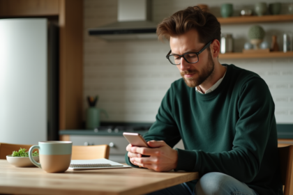 Homme en cuisine utilisant son smartphone dans une ambiance quotidienne