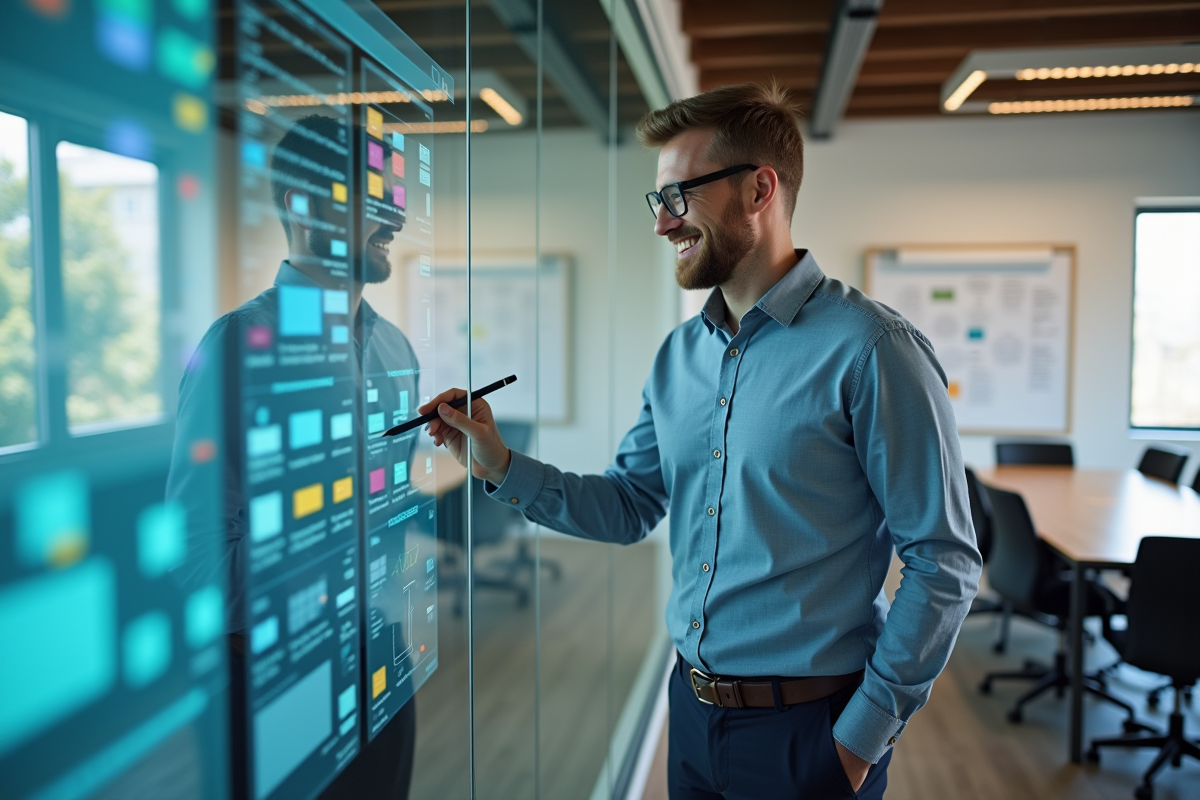 Homme arrangeant des blocs de workflow sur un grand écran