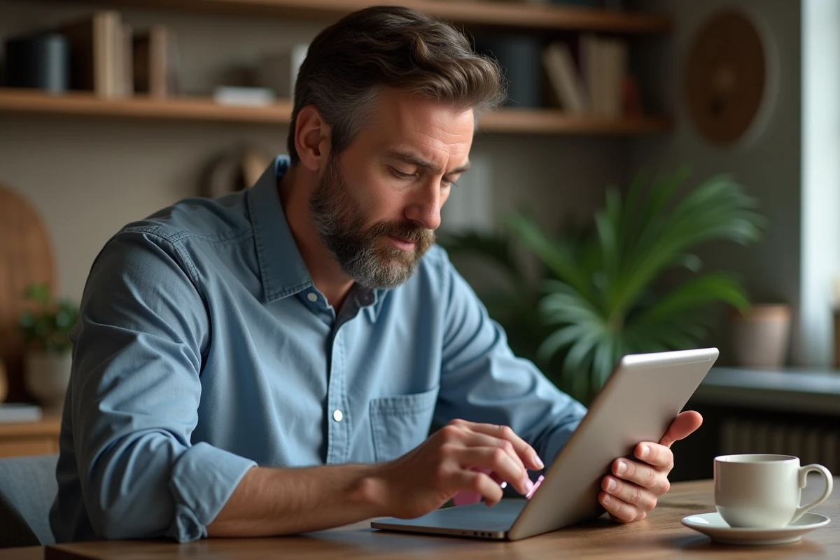 Homme d age moyen utilisant une tablette pour scanner son empreinte