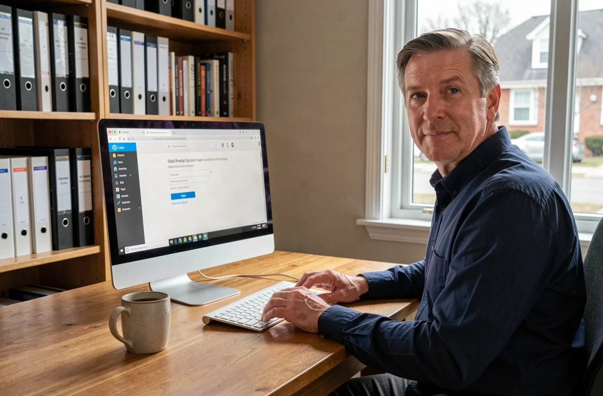 Homme en télétravail se connectant à son webmail depuis un bureau à domicile avec un ordinateur de bureau