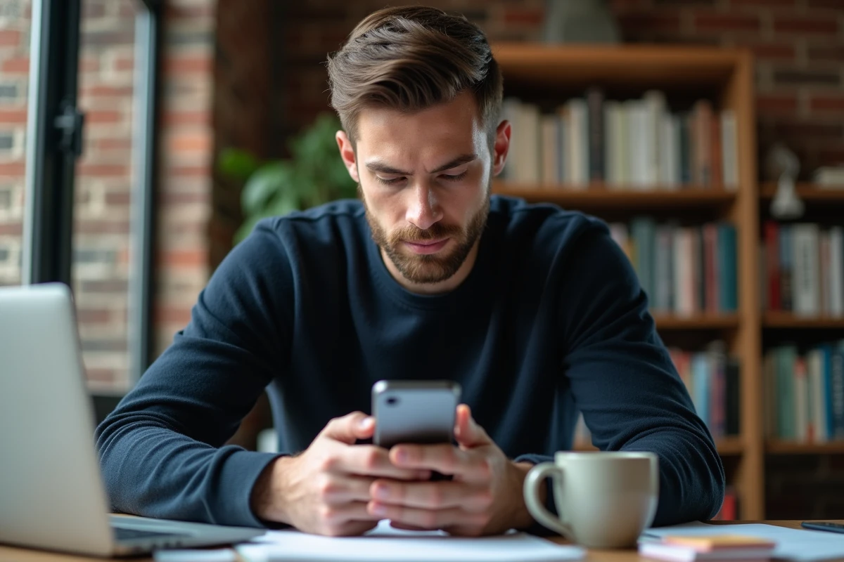 Homme en télétravail sélectionnant et surlignant un message WhatsApp sur son téléphone