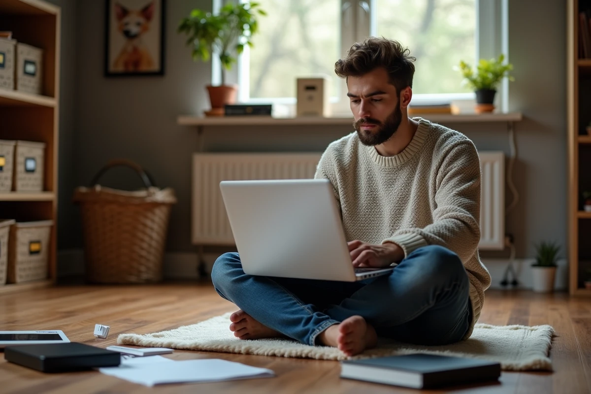 Jeune homme transférant des fichiers sur un ordinateur portable
