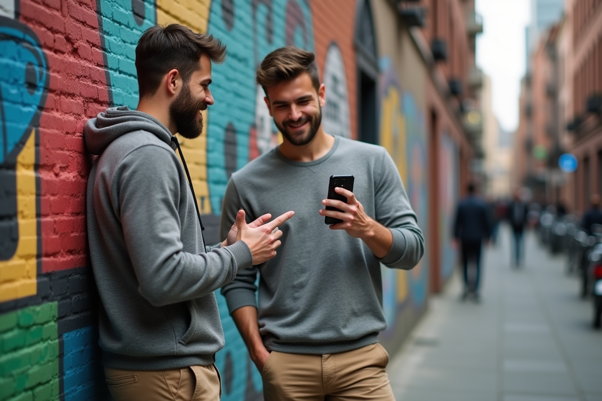 Homme discutant avec un ami devant un mur urbain