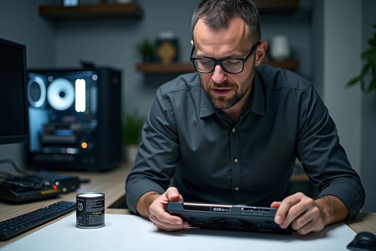 Ingénieur informatique inspectant une carte graphique GPU avant sa migration dans un PC