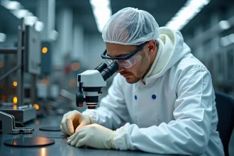 Ingénieur en salle blanche inspectant une plaquette de silicium dans une usine de semi-conducteurs pour le packaging avancé
