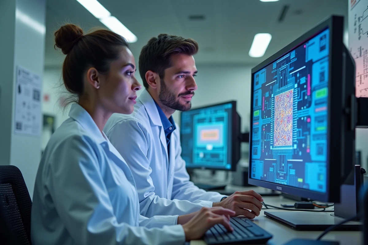 Deux ingénieurs en packaging semi-conducteur analysant des données de microscopie sur un moniteur haute résolution dans un laboratoire R&D