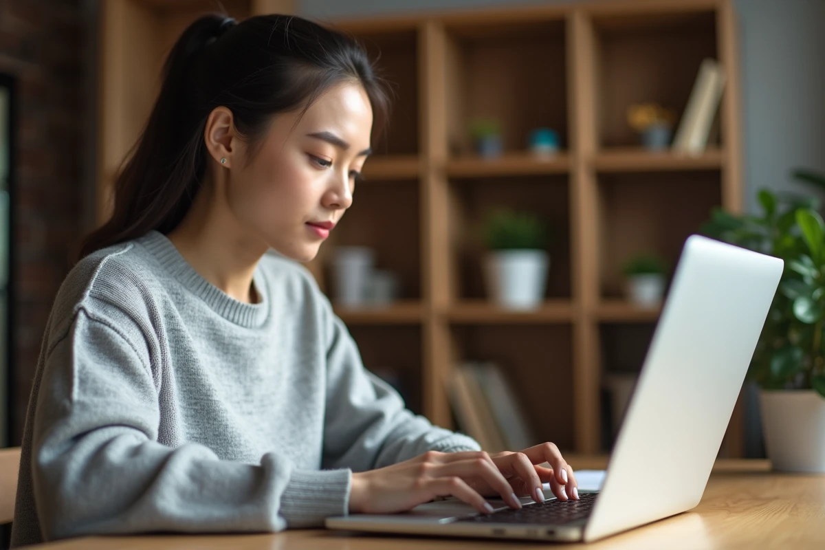 Jeune femme remplissant un formulaire d'inscription en ligne sur un ordinateur portable dans un bureau à domicile