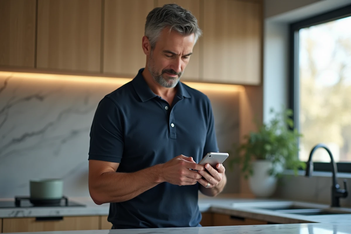 Homme configurant une adresse email Yahoo sur smartphone dans une cuisine moderne