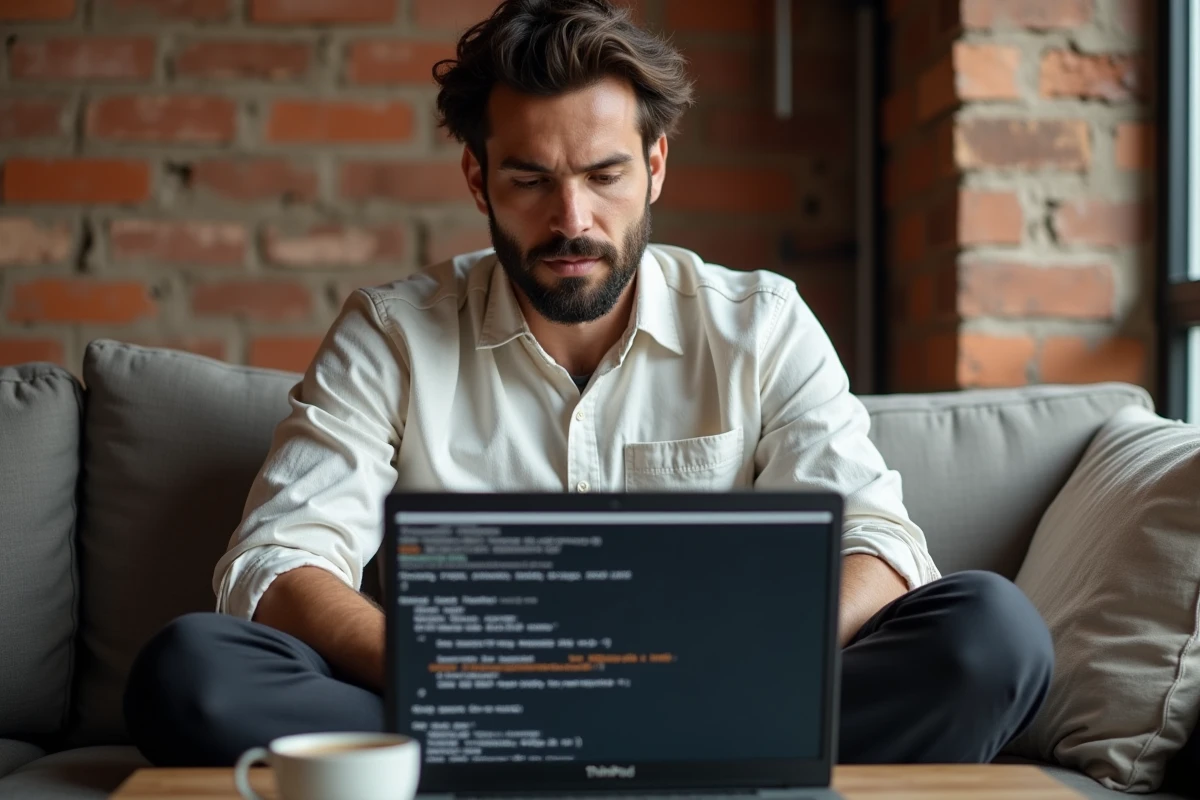 Développeur installant pip sur Linux Ubuntu dans un terminal bash depuis un canapé à domicile