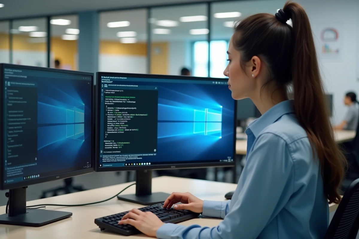 Femme développeuse installant pip sur Windows avec PowerShell sur un poste de travail en open space