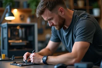 Technicien installant un SSD NVMe dans un slot M.2 de carte mère sur un établi de bricolage informatique