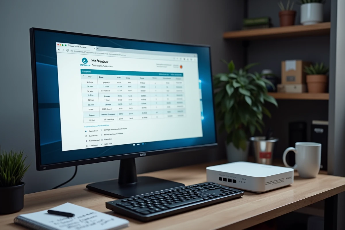 Écran d'ordinateur affichant l'interface d'administration mafreebox.freebox.fr avec les paramètres réseau pour optimiser la vitesse de connexion