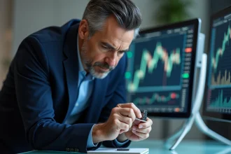 Investisseur examinant une micropuce avec des pinces de précision dans un bureau moderne high-tech