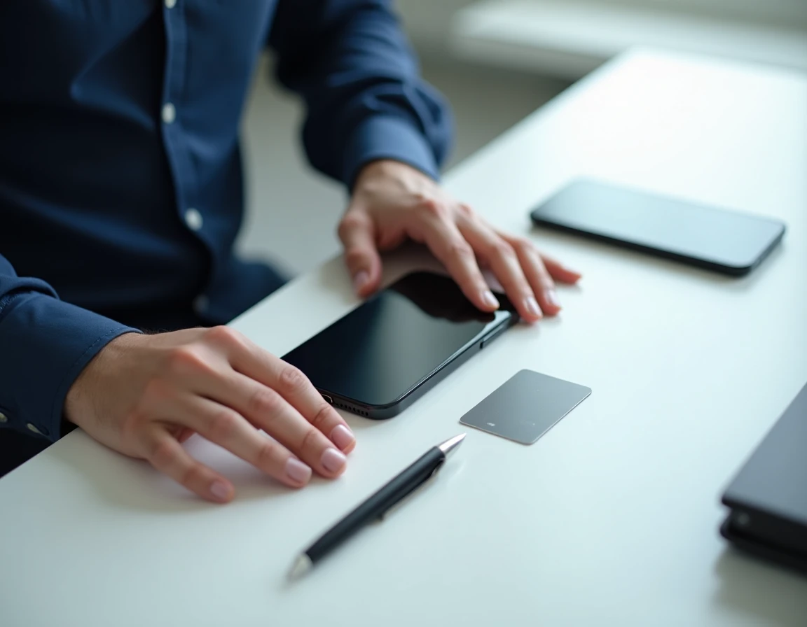 iPhone 15 Plus posé à plat sur un bureau blanc avec une carte bancaire et un stylo pour comparer les dimensions