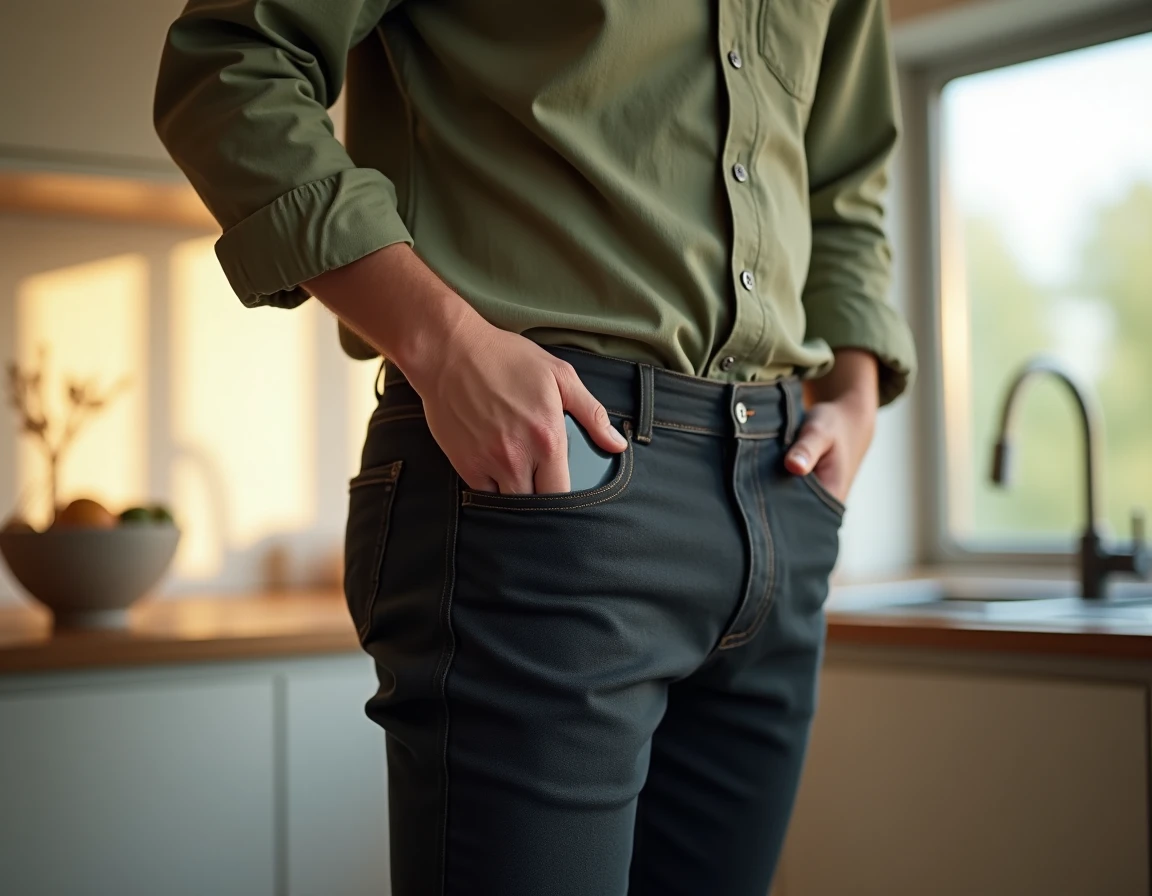 Homme glissant un iPhone 15 Plus dans la poche de son pantalon pour tester son encombrement au quotidien