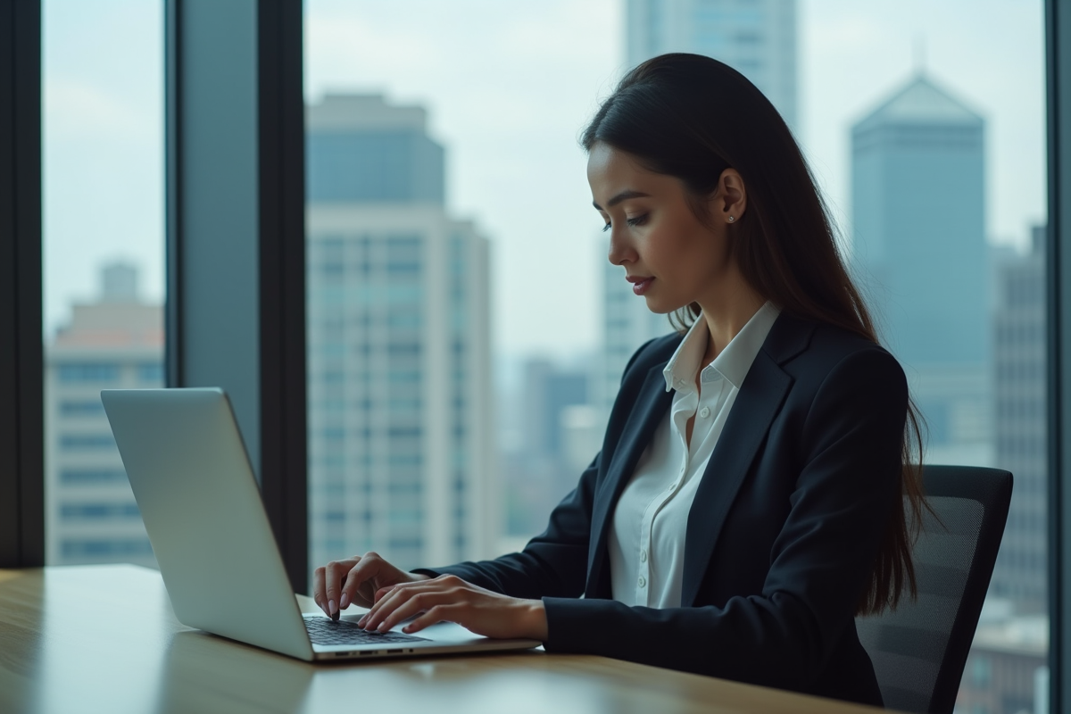 Jeune femme d'affaires utilisant un chatbot sur son ordinateur