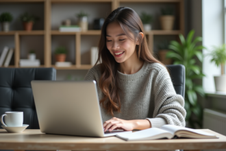 Jeune femme assise à un bureau moderne dans un espace cosy