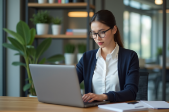 Jeune femme professionnelle tapant sur un ordinateur dans un bureau moderne