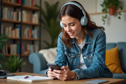 Jeune femme en denim écoute smartphone dans un salon cosy