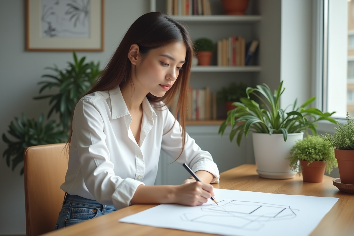 Jeune femme esquissant une forme géométrique dans un intérieur moderne